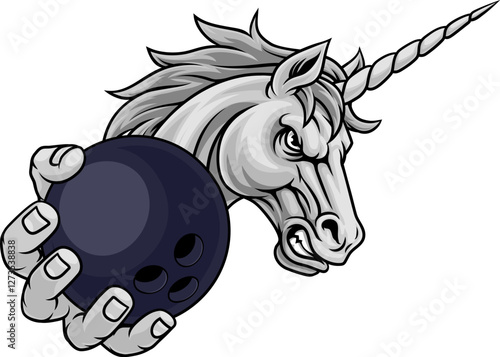 Unicorn horse stallion bowling angry sports team mascot holding a ball.