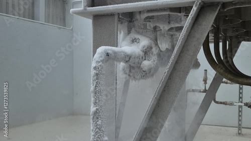 Thick frost forms on an industrial pipe and valve, indicating extremely low temperatures and potential condensation or vapor release in a manufacturing or processing environment