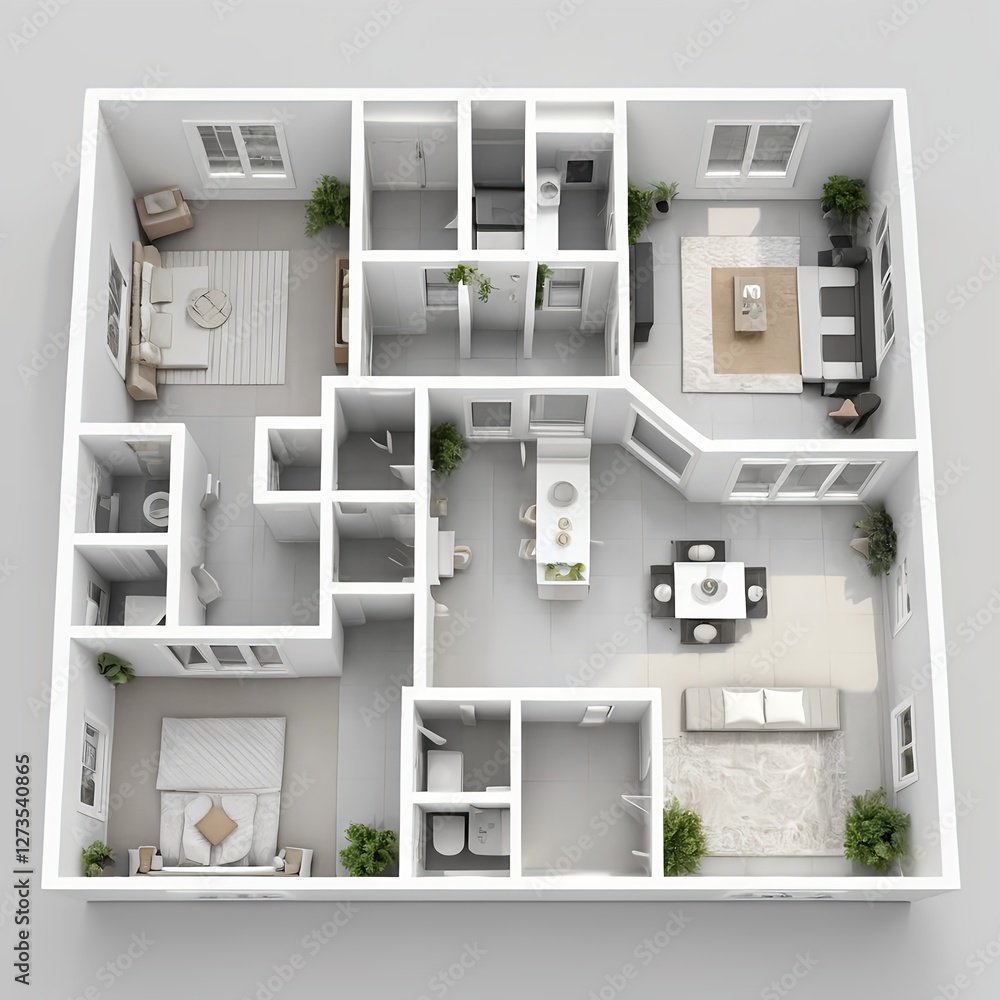 Modern Two-Bedroom Apartment Floor Plan, Top View Modern Two-Bedroom Apartment Floor Plan, Top View