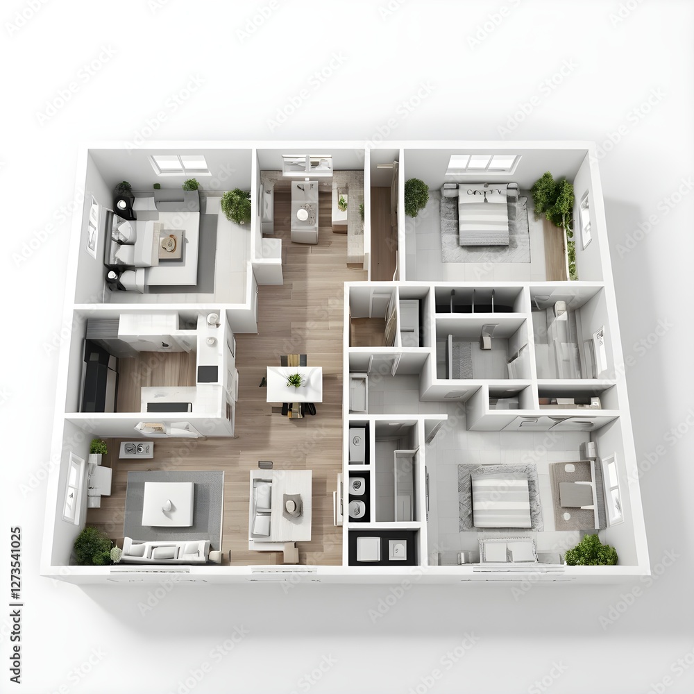 Modern Two-Bedroom Apartment Floor Plan - Bird's Eye View Modern Two-Bedroom Apartment Floor Plan - Bird's Eye View