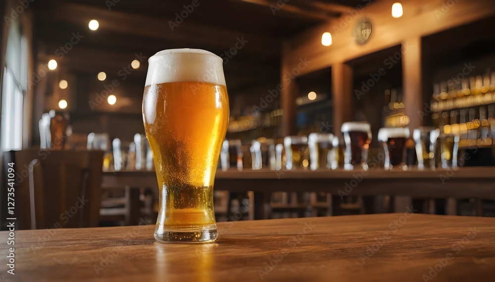 Cold Beer on Wooden Bar Table in Pub Cold Beer on Wooden Bar Table in Pub