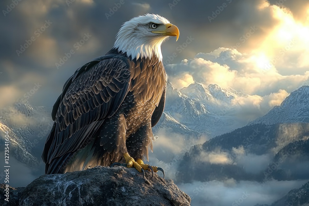 Fototapeta premium Majestic Bald Eagle Perched on Mountain Peak at Sunrise