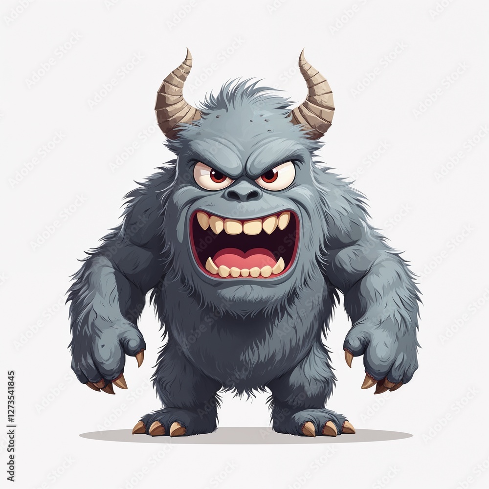 Fototapeta premium Gray angry monster cartoon illustration on plain white background