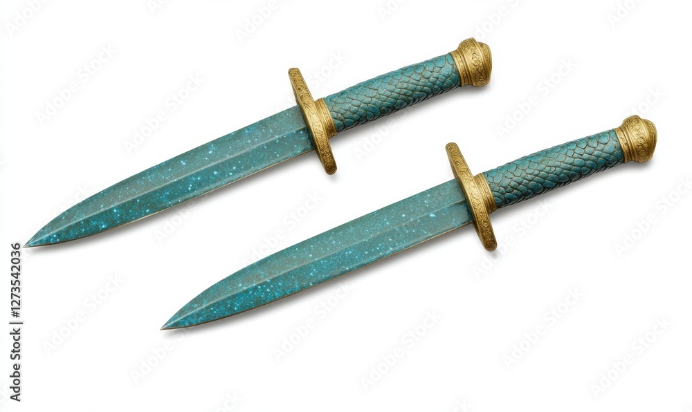 Two ornate turquoise daggers with golden handles on a white background, showcasing craftsmanship Two ornate turquoise daggers with golden handles on a white background, showcasing craftsmanship