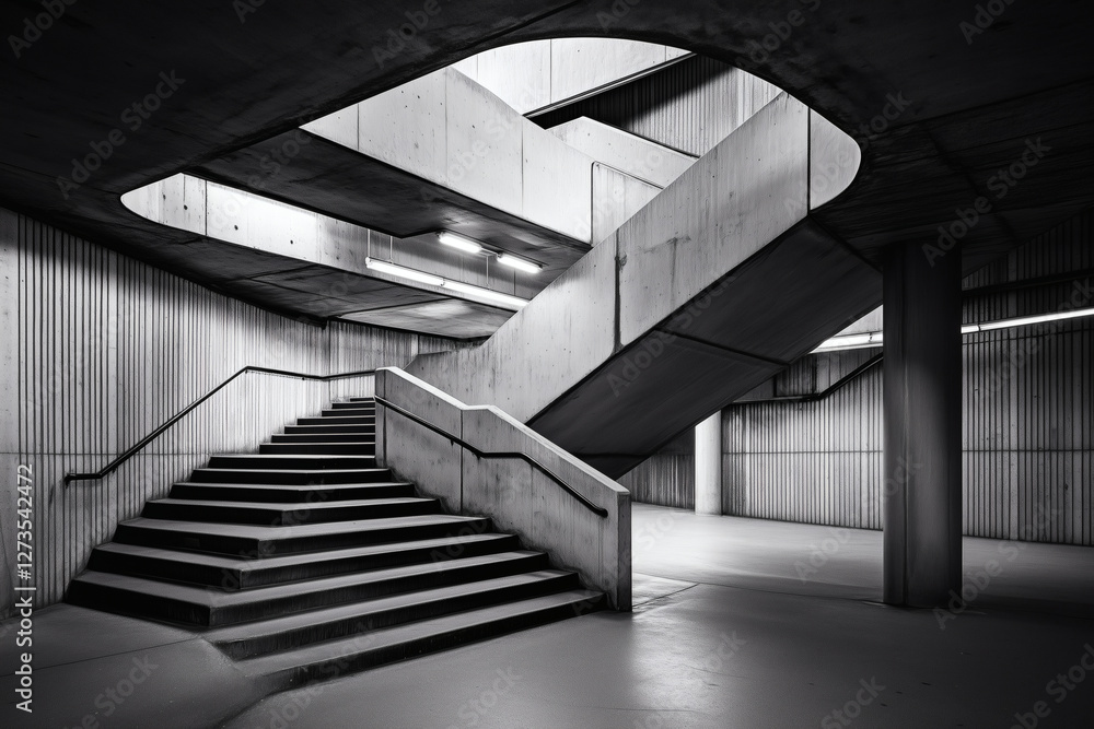 Fototapeta premium Concrete staircase and tunnel entrance in grayscale.