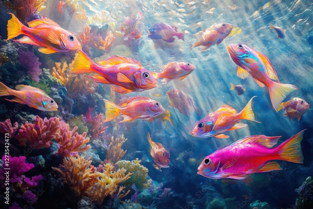 Naklejka premium Vibrant coral reef scene with colorful fish swimming among the corals and rocks.