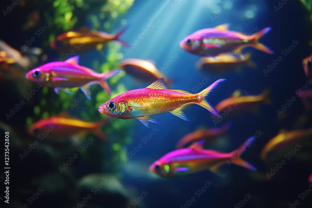 Fototapeta premium Vibrant, colorful schooling fish swim in a dark blue aquarium, illuminated by a light beam.