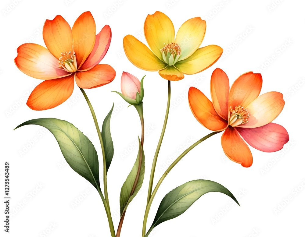Naklejka premium Watercolor Orange and Yellow Flowers