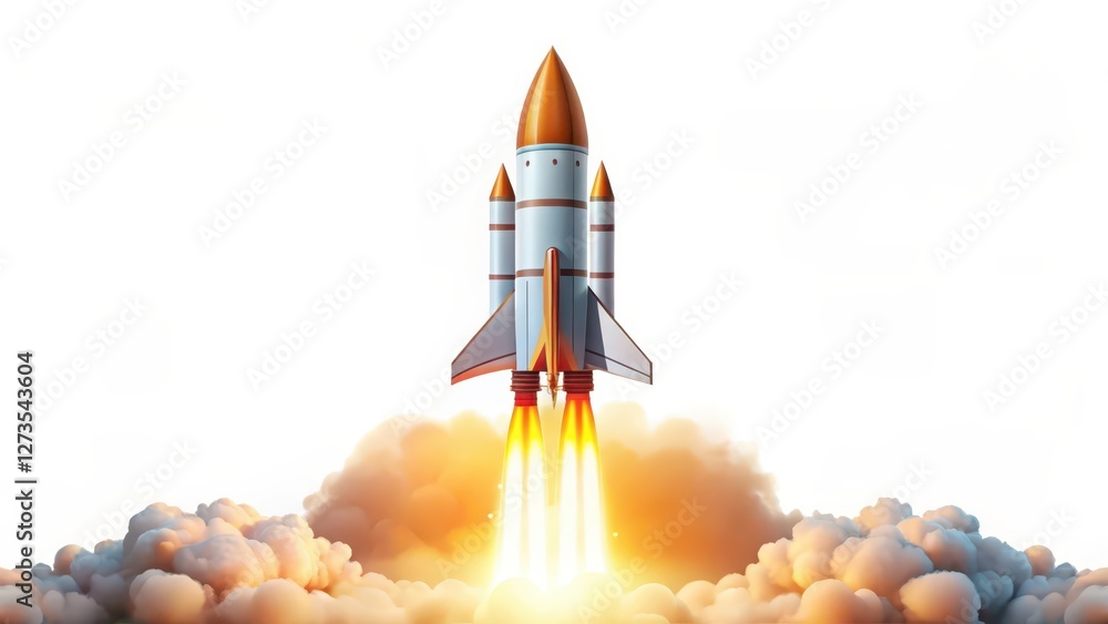 Obraz premium Rocket Launch, Spacecraft Takeoff, White Background