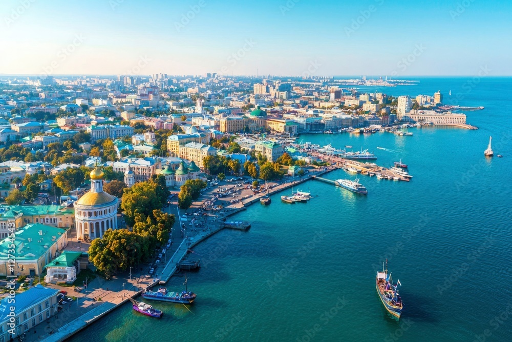 Fototapeta premium Aerial view of a coastal city with bustling waterfront, boats, and clear skies