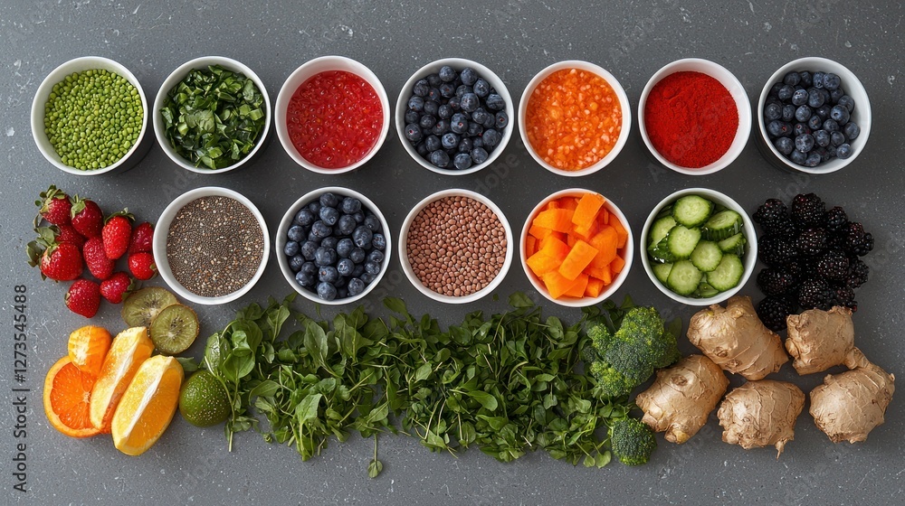 Colorful fresh food arranged in small bowls on a gray surface, healthy eating concept Colorful fresh food arranged in small bowls on a gray surface, healthy eating concept