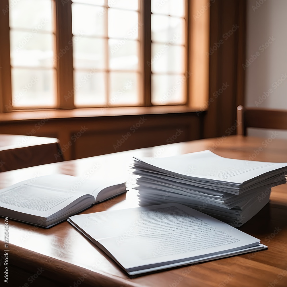 Naklejka premium Stack of Papers and Open Book on Wooden Desk Near Window