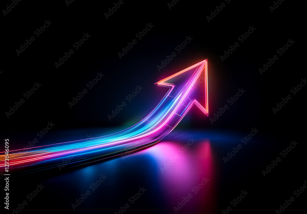 Shenzhen, China - Unknown Date : Vibrant neon arrow ascends dynamically against a dark backdrop, trailing streaks of blue and pink light, symbolizing upward trajectory and bright future. Shenzhen, China - Unknown Date : Vibrant neon arrow ascends dynamically against a dark backdrop, trailing streaks of blue and pink light, symbolizing upward trajectory and bright future.