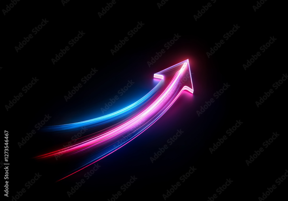 Shenzhen, China - Unknown Date : A vibrant arrow with blue and pink light trails streaks dynamically upward against a stark black backdrop, suggesting forward motion and direction. Shenzhen, China - Unknown Date : A vibrant arrow with blue and pink light trails streaks dynamically upward against a stark black backdrop, suggesting forward motion and direction.