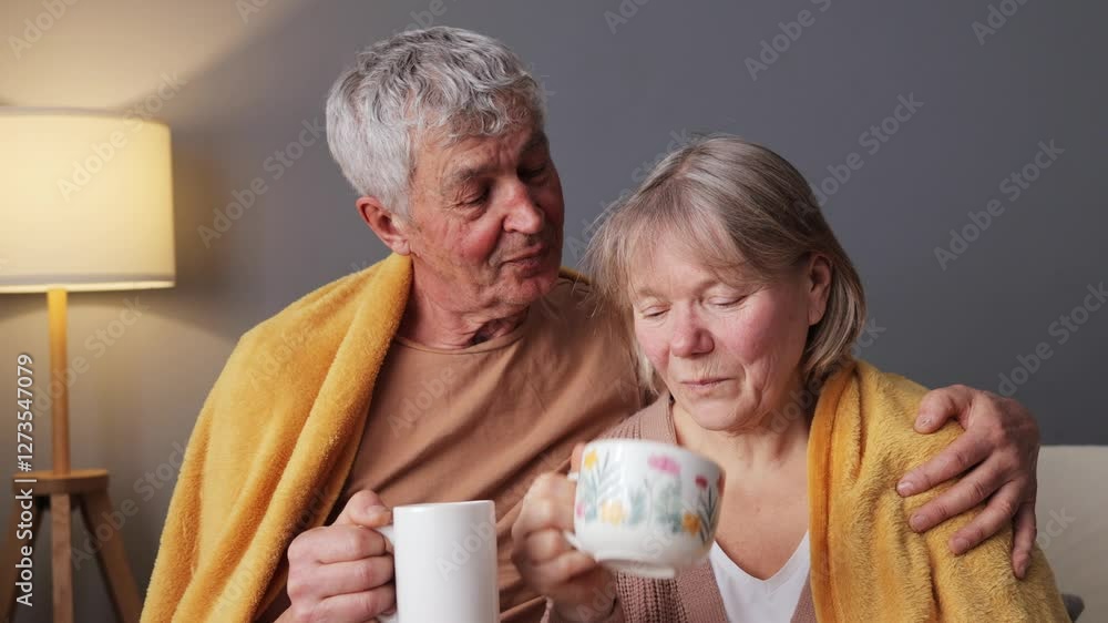 A senior couple sits close together on a sofa, sharing a moment of warmth and affection. They are wrapped in soft blankets, sipping warm beverages, and smiling at each other in a cozy setting A senior couple sits close together on a sofa, sharing a moment of warmth and affection. They are wrapped in soft blankets, sipping warm beverages, and smiling at each other in a cozy setting
