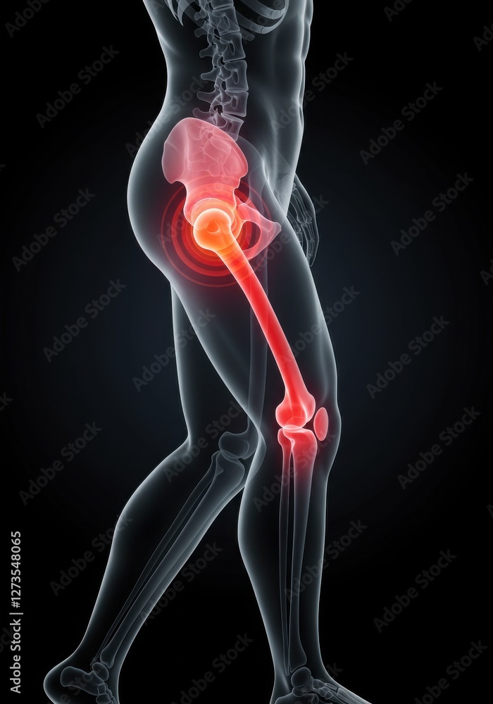 3D illustration of hip joint pain. X-ray scan. 3D illustration of hip joint pain. X-ray scan.
