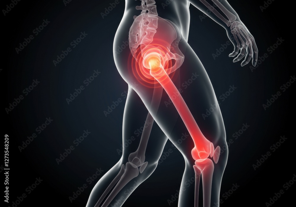 3D illustration of hip joint pain. X-ray scan. 3D illustration of hip joint pain. X-ray scan.