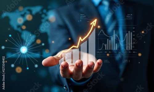 A close-up of a hand presenting a glowing business growth graph, surrounded by futuristic data visualization elements, blockchain networks, and AI-driven analytics.