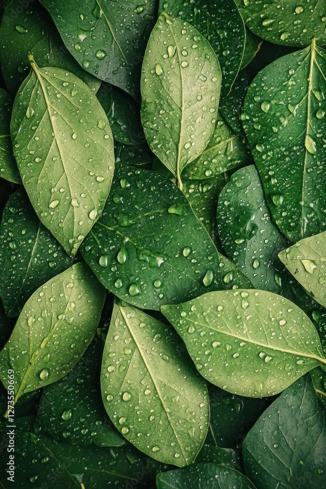 Fototapeta premium Green leaves covered with fresh water drops creating relaxing natural background