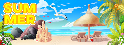 vector nature landscape background. Umbrella, sun loungers, stones, sand castle and plants on beach. Cartoon summer clip art. Hand drown design.