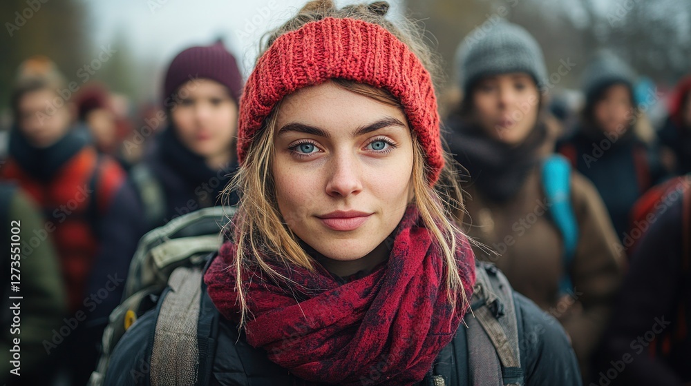 Young woman in red hat and scarf, leading a group outdoors. Young woman in red hat and scarf, leading a group outdoors.