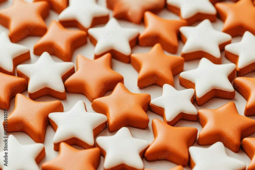 Star shaped candies lie on a surface with many white and orange objects in background Star shaped candies lie on a surface with many white and orange objects in background