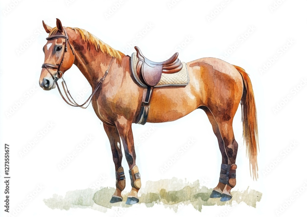 Obraz premium Watercolor Horse in Harness Equine Illustration Animal Art Painting Detail Standing Equestrian Artwork