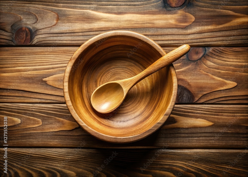Overhead aerial shot: rustic wooden bowl, spoon, and empty bowl bathed in natural light. Overhead aerial shot: rustic wooden bowl, spoon, and empty bowl bathed in natural light.