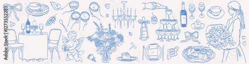 Collection of wedding line art illustrations in doodle ink style . Elegant party hand drawn food and wine or champagne elements. Casual vintage elements for invitations, cards, greetings and placards.