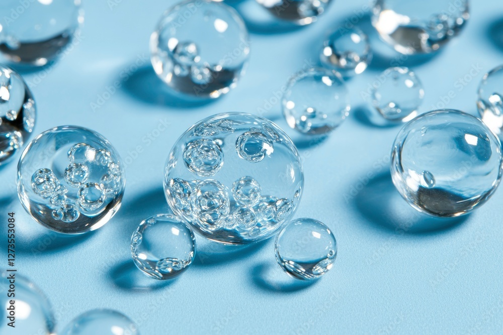Bubbles trapped inside glass spheres floating on blue, creating abstract background Bubbles trapped inside glass spheres floating on blue, creating abstract background