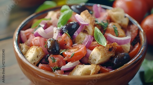 Classic and Elegant Ligurian Panzanella Salad with Ripe Taggiasca Olives and Fresh Ingredients for a Mediterranean Gathering photo