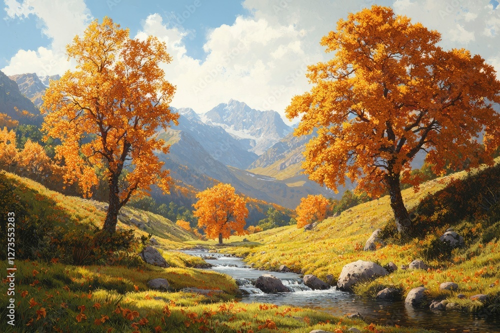 Golden autumn trees by stream in mountain valley landscape for background design Golden autumn trees by stream in mountain valley landscape for background design