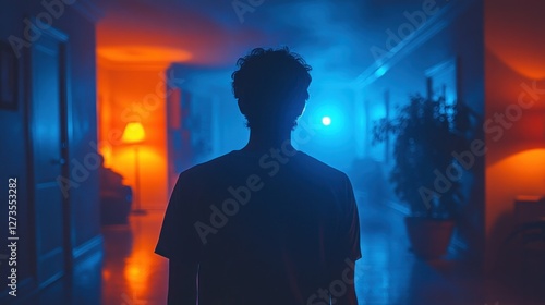 Silhouette of a man standing in a dimly lit hallway with neon lights.