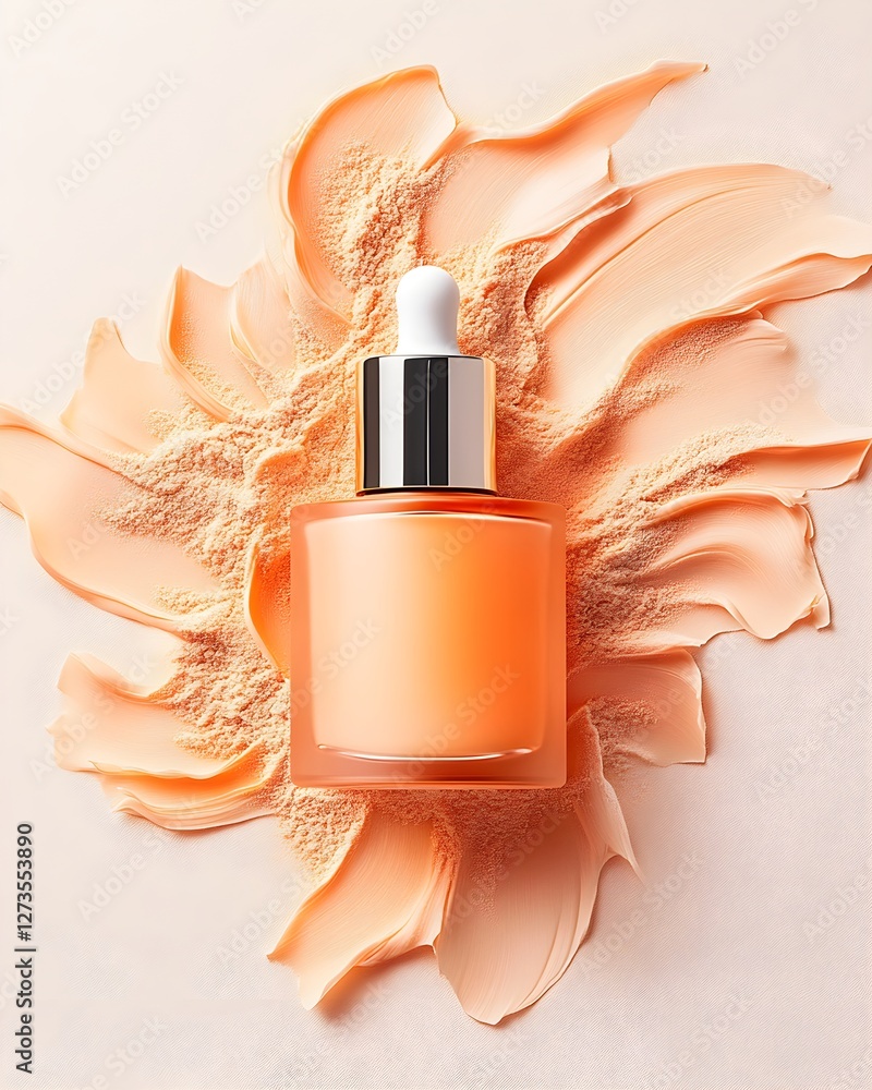 A luxurious facial serum bottle elegantly placed on finely crushed pearl powder, showcasing luminous reflections, smooth textures, and high-end skincare aesthetics.