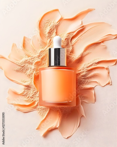 Obraz na płótnie A luxurious facial serum bottle elegantly placed on finely crushed pearl powder, showcasing luminous reflections, smooth textures, and high-end skincare aesthetics. w salonie