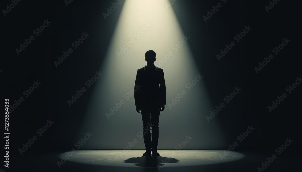 Silhouetted figure standing in spotlight against dark background Silhouetted figure standing in spotlight against dark background