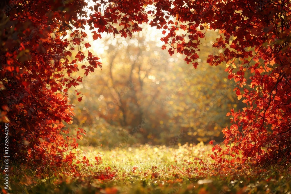 Scenic autumn forest trail with red leaves framing the path to sunlit woods Scenic autumn forest trail with red leaves framing the path to sunlit woods