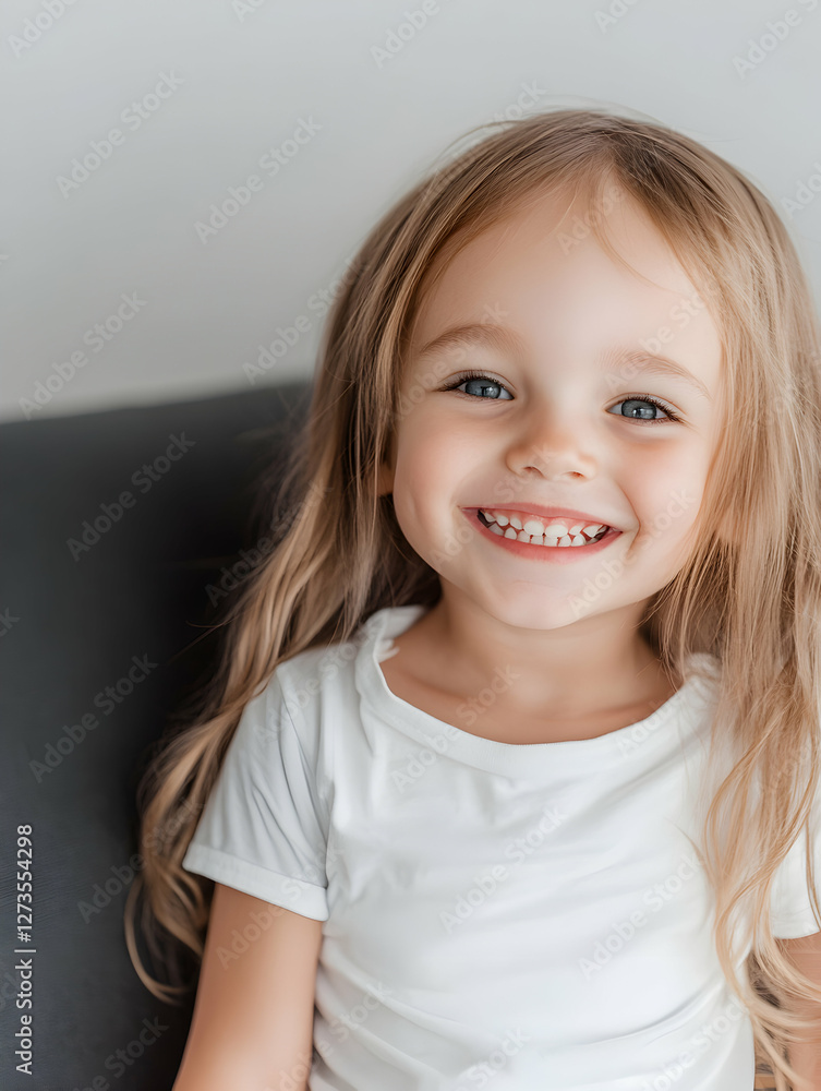 Blond preschooler wearing white t shirt sitting on black sofa, radiating happiness with cheerful smile in comfortable indoor environment