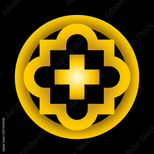 Golden Christian Greek cross, framed by two bold borders, a symbol of early Christianity. After a stone relief from the fifth century, depicted in a cave and hermitage of St Peter Cemetery Catacombs.