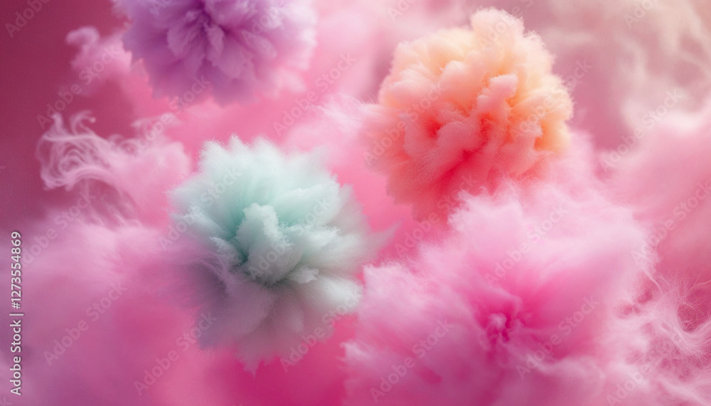 Tres bolas de algodón de azúcar de diferentes colores flotando en un fondo rosa Tres bolas de algodón de azúcar de diferentes colores flotando en un fondo rosa