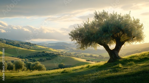 A Thriving Nocellara del Belice Olive Tree in a Vibrant Sicilian Landscape of Rolling Hills