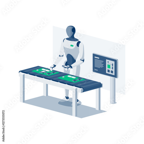 Humanoid robot working by assembly line with chip on conveyor belt table. Artificial intelligence ai on workstation product parts. Future manufacturing process system. Isolated vector illustration.