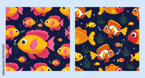 Vibrant tropical fish vector pattern with seaweed and bubbles on dark blue background. Cute kids - friendly illustration in concept exotic cartoon inhabitants of sea reefs. For textiles, postcards.