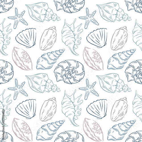 Underwater seamless pattern with seashell in line art style. Summer ocean, sea beach print for background, textile, fabric, card, seafood store, delivery on a white background.