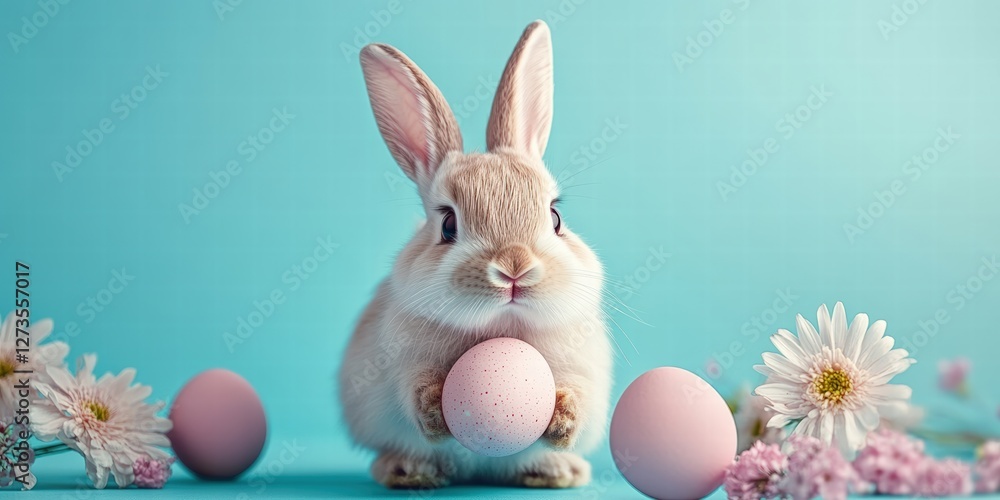 Obraz premium A fluffy bunny cradles a pink speckled Easter egg amidst pastel flowers, creating a delightful springtime scene.