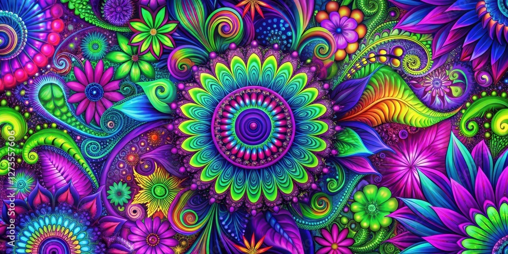 Vibrant floral patterns with psychedelic swirls of purple and pink hues, accented by neon green and blue geometric shapes, geometric shapes, colorful Vibrant floral patterns with psychedelic swirls of purple and pink hues, accented by neon green and blue geometric shapes, geometric shapes, colorful