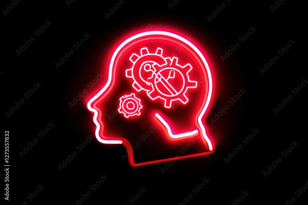 Neon light shows gears inside head, mind working, isolated on black, creativity Neon light shows gears inside head, mind working, isolated on black, creativity