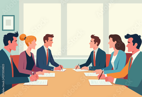 The image depicts a group of people, including both men and women, sitting around a table and engaged in a discussion or meeting. Flat vector illustration