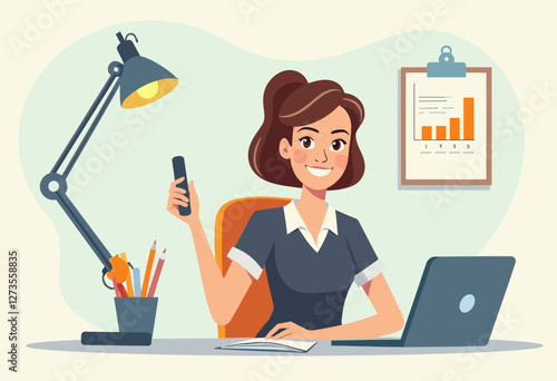 A woman in a blue dress sits at a desk, holding a phone and working on a laptop, with a lamp, pencil holder, and graph on the wall behind her. Flat vector illustration