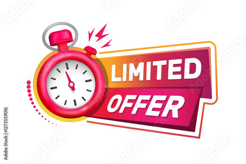 Modern vector ribbon banner limited offer with 3D stopwatch icon, perfect for promotional materials. Deadline, time management concept.